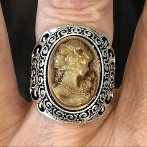Beige Tan Brown Ornate Vintage Style Cameo Lady Portrait Crystal Silver Ring